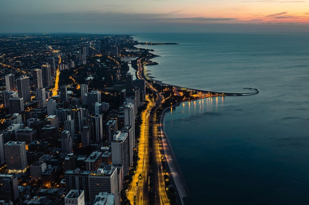 Aerial shot of the Chicago skyline on the shores of Lake Michigan